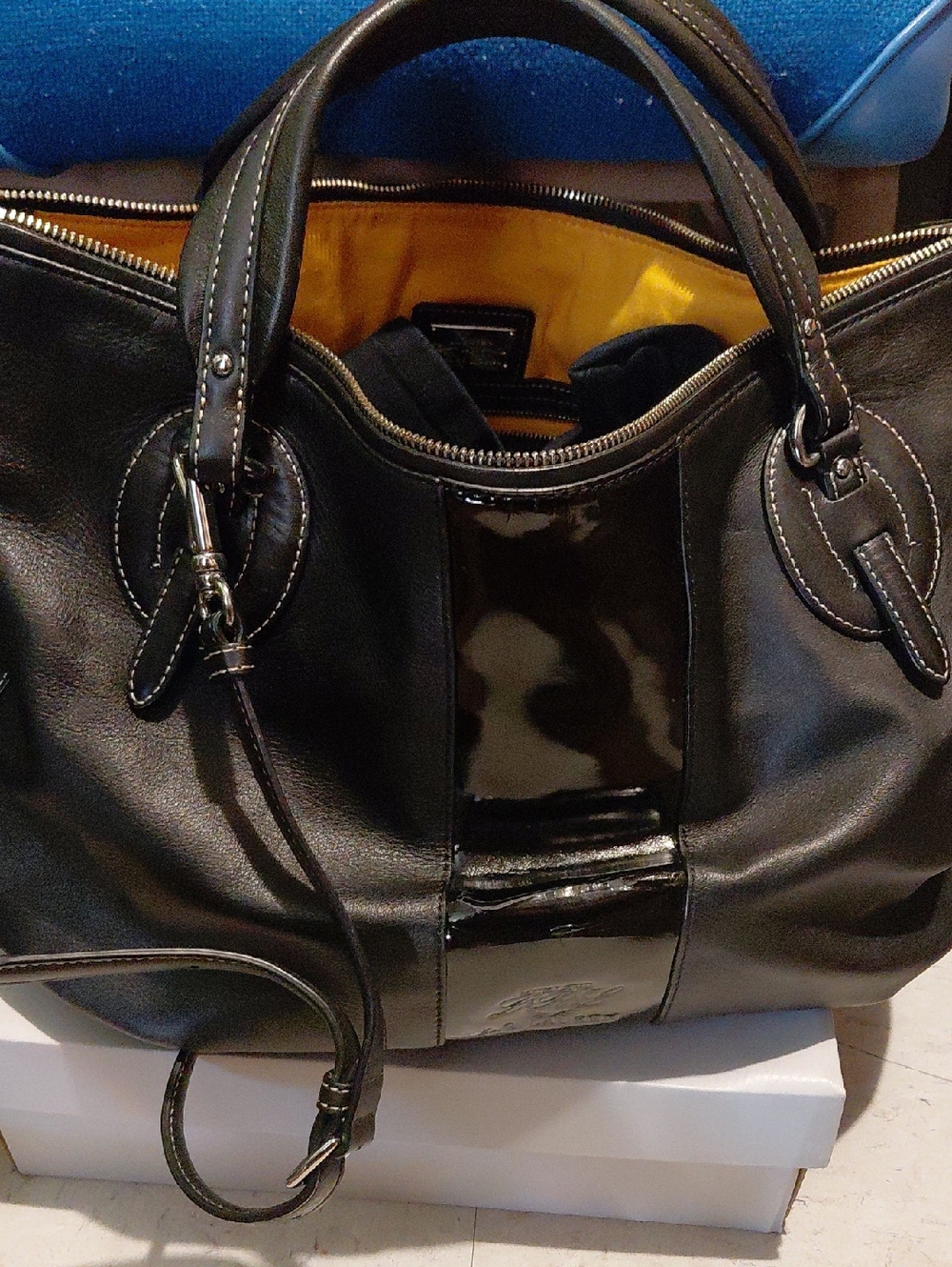 Lauren Ralph Lauren Black Leather Tote with Yellow Interior